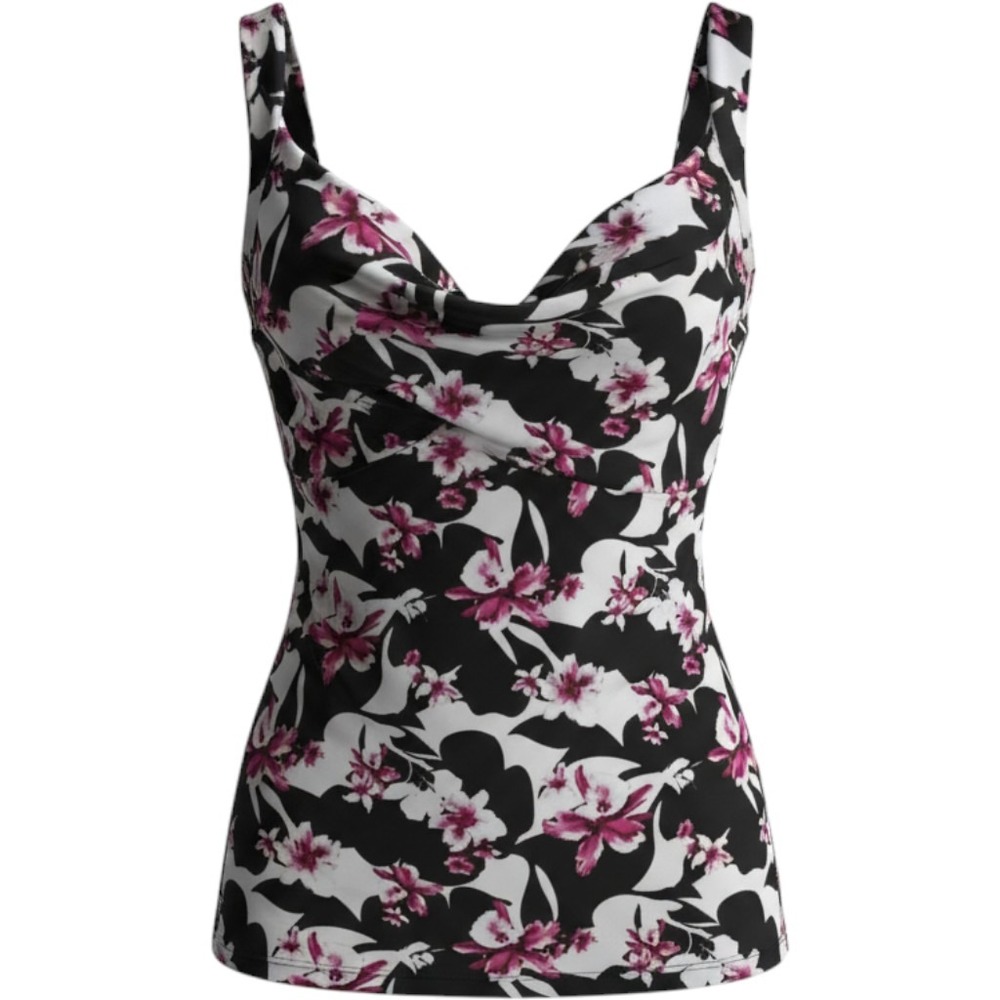 White House Black Market Floral V-Neck Ruched Sleeveless Blouse Black Plum M